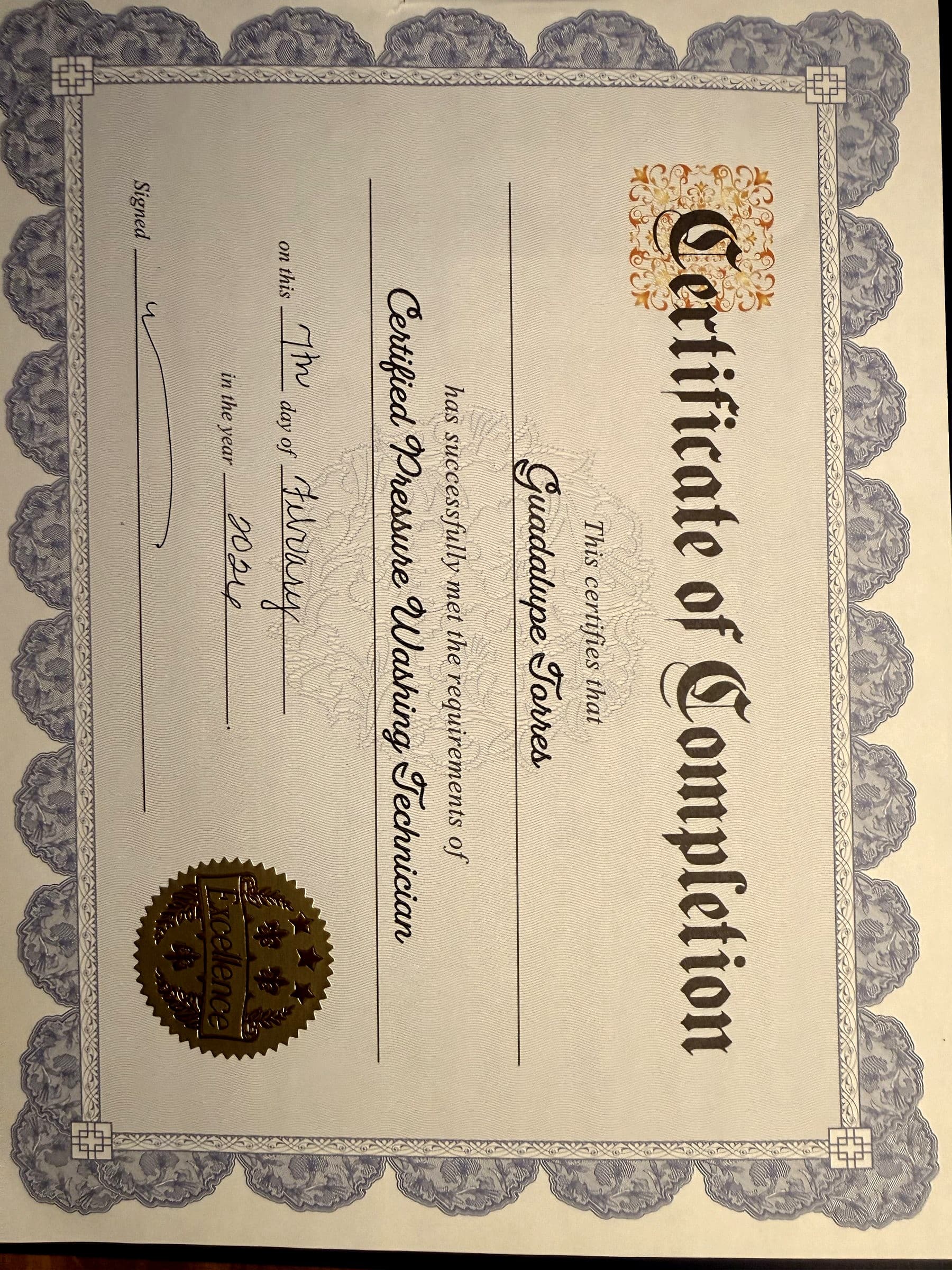 Certification document — Guadalupe Torres, Certified Pressure Washing Technician (2024)